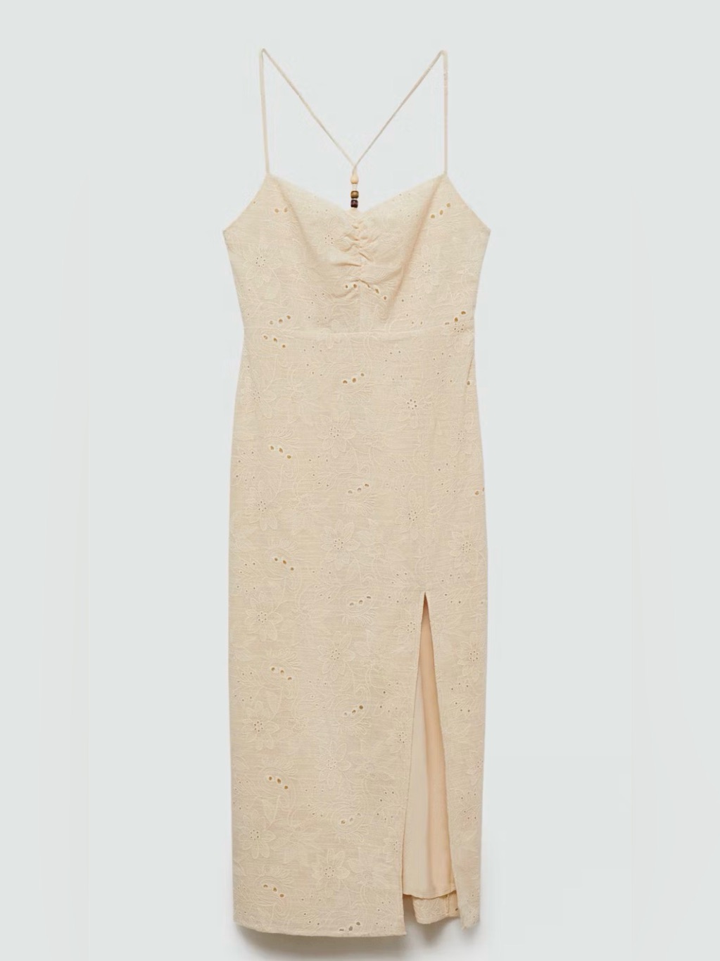 Mango Ivory Cream Embroidered Midi Dress With Side Slit And Beaded Back Detail